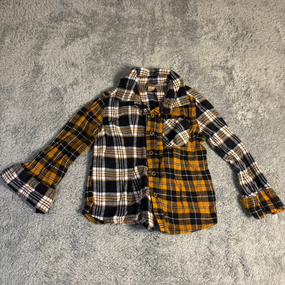 Maximus Rex Boys 3T Flannel Shirt Colorblock Plaid Mustard Black White Cotton